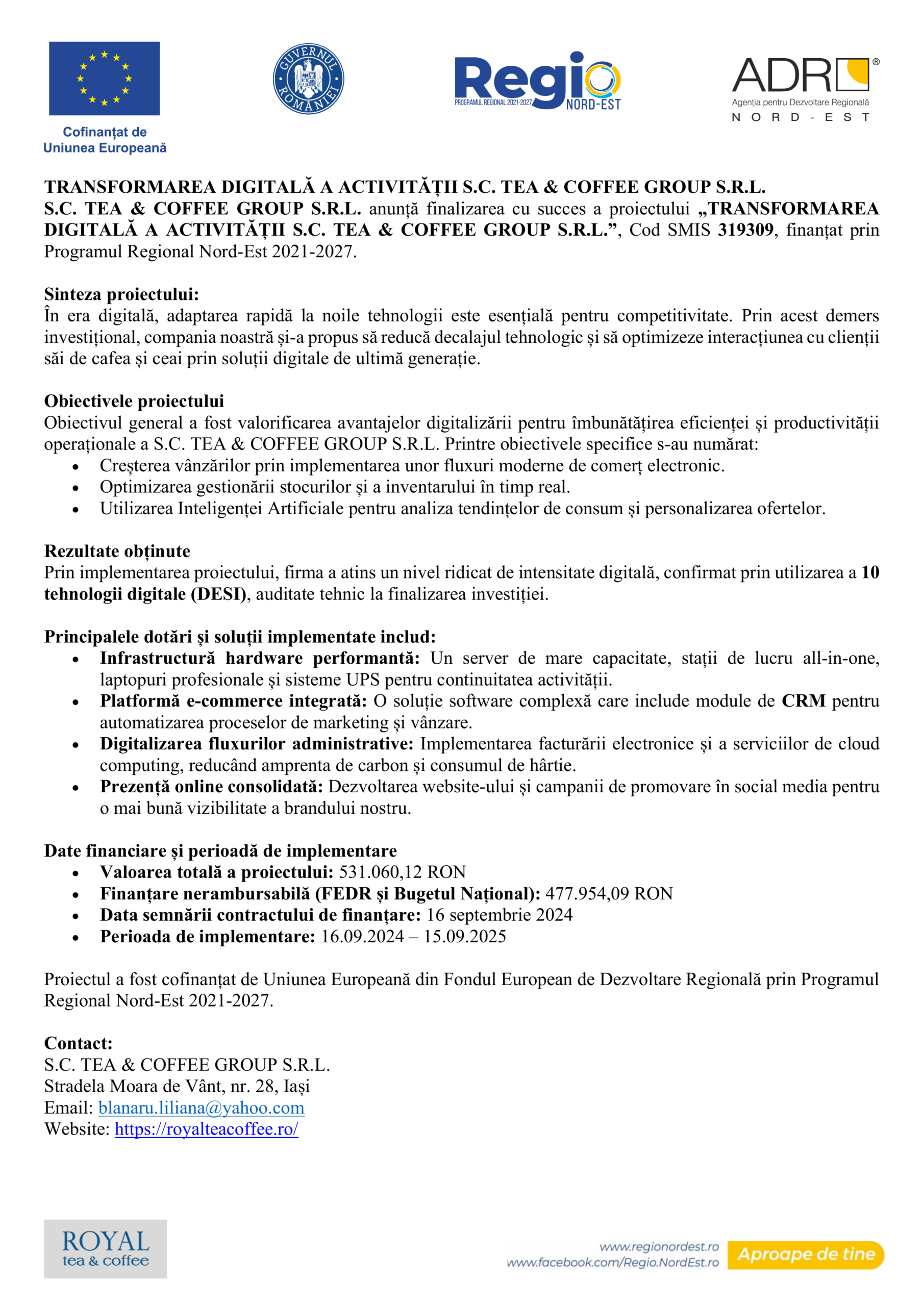 Transformarea digitala a activitatii SC TEA&COFFEE GROUP SRL - Sinteza proiect